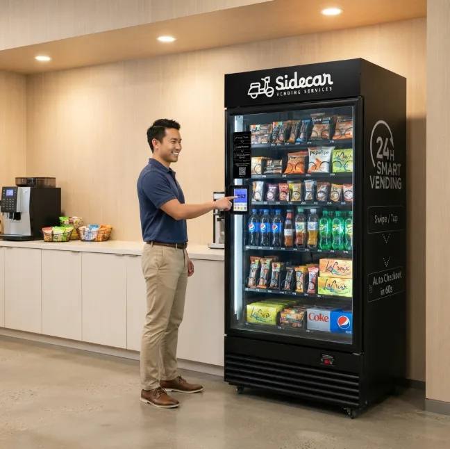A customer tapping a card to check out at a Sidecar smart vending machine